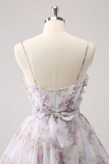 Vintage A-Line Homecoming Dress Spaghetti Straps Ruffled Floral Print Tiered Cocktail Dress TP3390