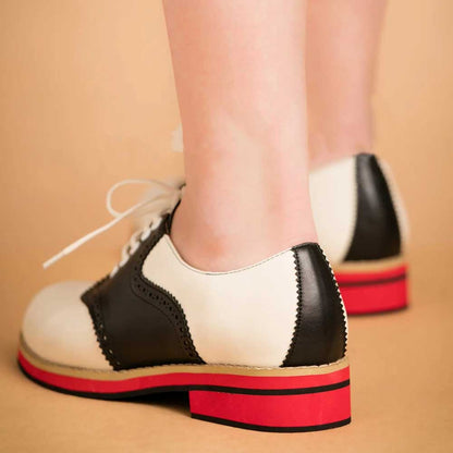 Black & White Vegan Leather Round Toe Lace Up Oxford Flats