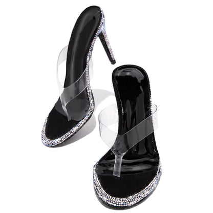 Black & Clear PVC Open Toe 3'' Stiletto Heel Mules with Rhinestone