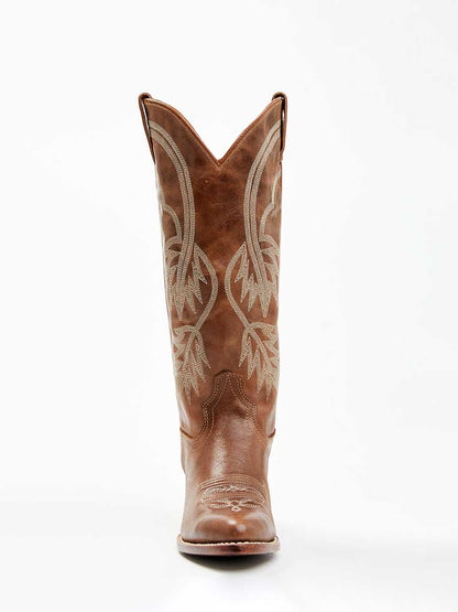 Brown Vegan Leather Embroidered Wide-Calf Lady's Knee High Boots