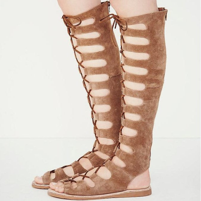 Khaki Gladiator Sandals Vegan Suede Comfortable Lace Up Flats