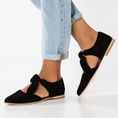 Black Vegan Suede Almond Toe Cutout Lace-Up Flats for Women