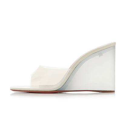Beige Open Square Toe PVC Band Translucent Wedge Mules Sandals