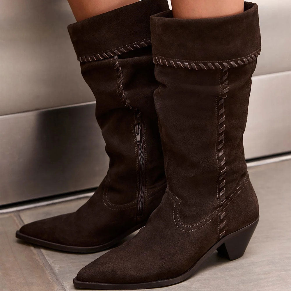 Brown Pointed Toe Whipstitch Chunky Heel Fold Over Mid Calf Boots