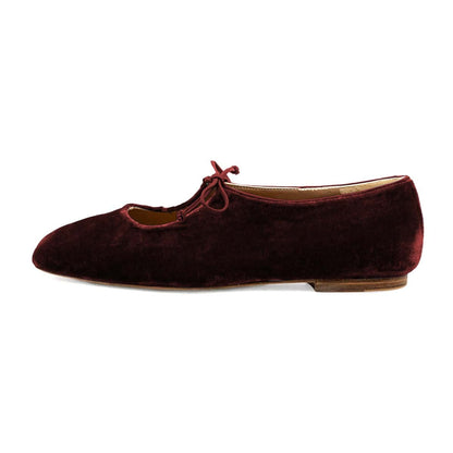 Women's Velvet Square Toe Lace Up Vintage Maroon Ballet Flats