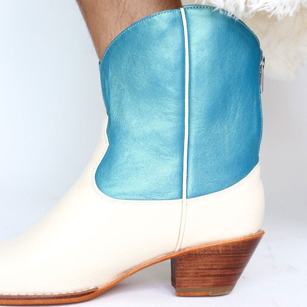 White & Blue Patchwork Pointed Toe Chunky Heel Cowgirl Ankle Boots
