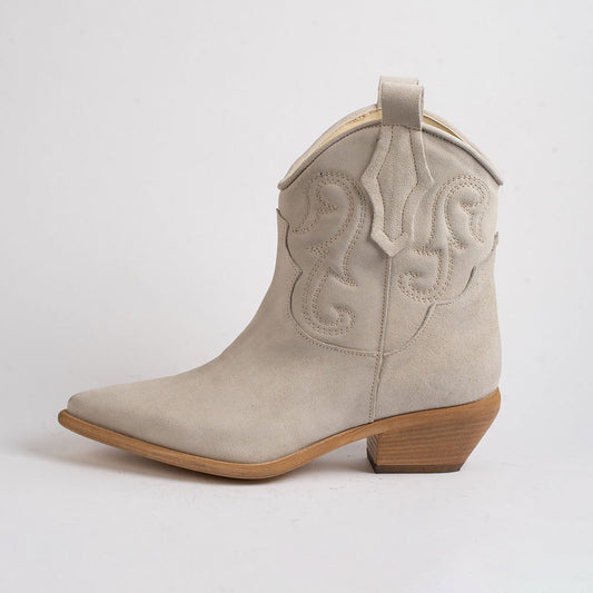 Beige Snip Toe Block Heel Embroidered Cowgirl Ankle Boots for Women