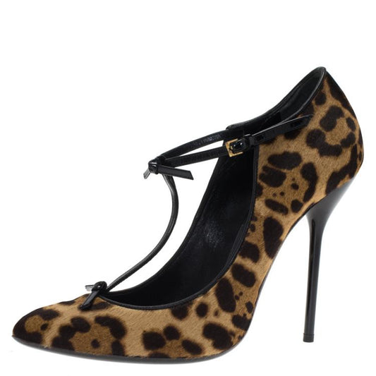 Vintage Leopard Print Stiletto Heels T-Strap Pumps for Women