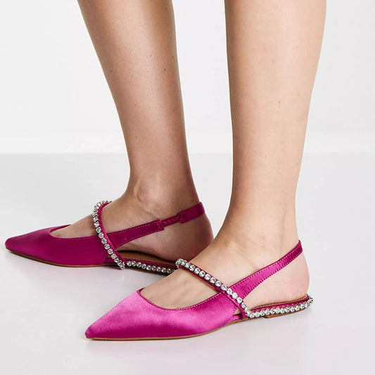 Fuchsia Satin Rhinestone Embellished Pointed Toe Slingback Flats