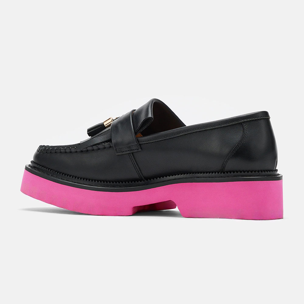 Pink & Black Round Toe Tassel and Fringe Chunky Loafers Women