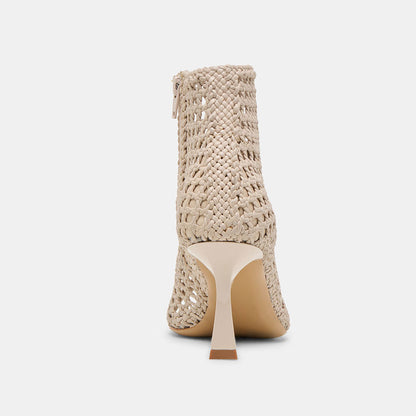 Beige Woven Cut-Out Open Square Toe Flared Heel Zipper Summer Boots