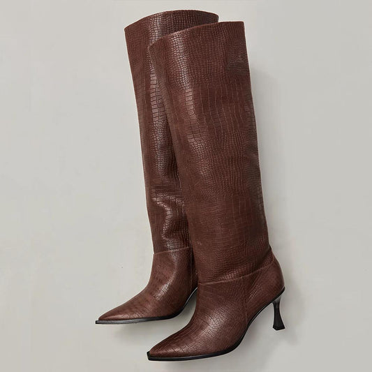 Brown Snip Toe 3'' Kitten Heel Wide Calf Croc Embossed Knee High Boots