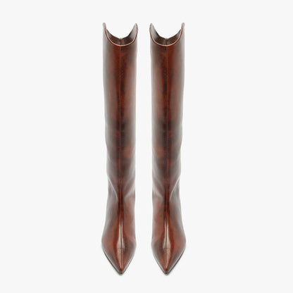 Brown Gradient Pointed Toe Kitten Heel Knee High Boots for Women