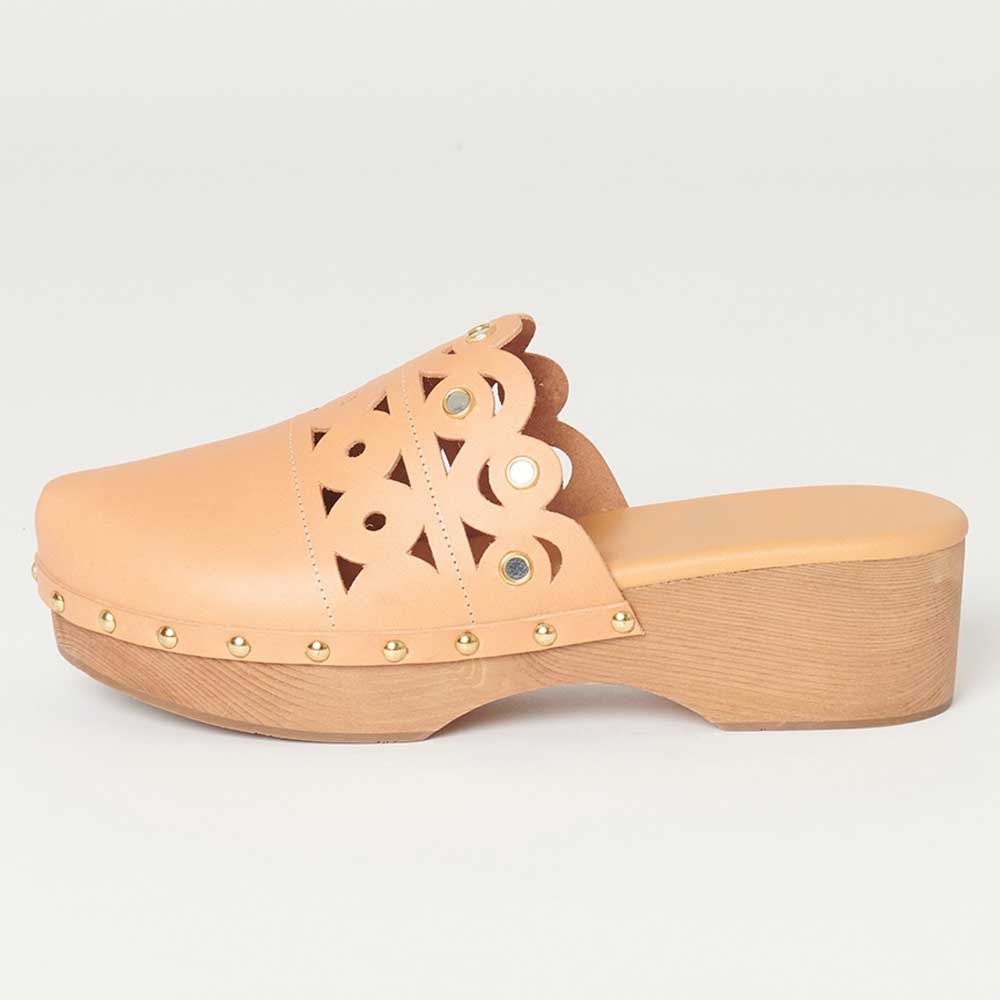 Beige Round Toe Studded Platform Mules Perforated Heeled Clogs