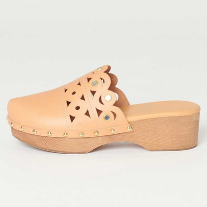 Beige Round Toe Studded Platform Mules Perforated Heeled Clogs