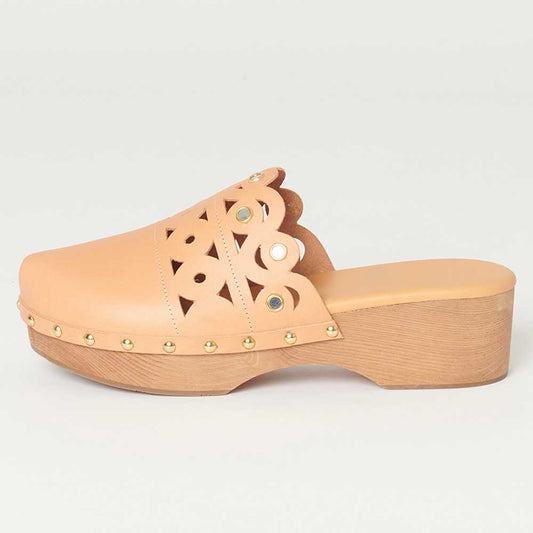 Beige Round Toe Studded Platform Mules Perforated Heeled Clogs