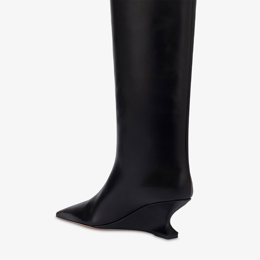 Black Pointed Toe Sculptural Wedge Heel Pull-On Knee High Boots