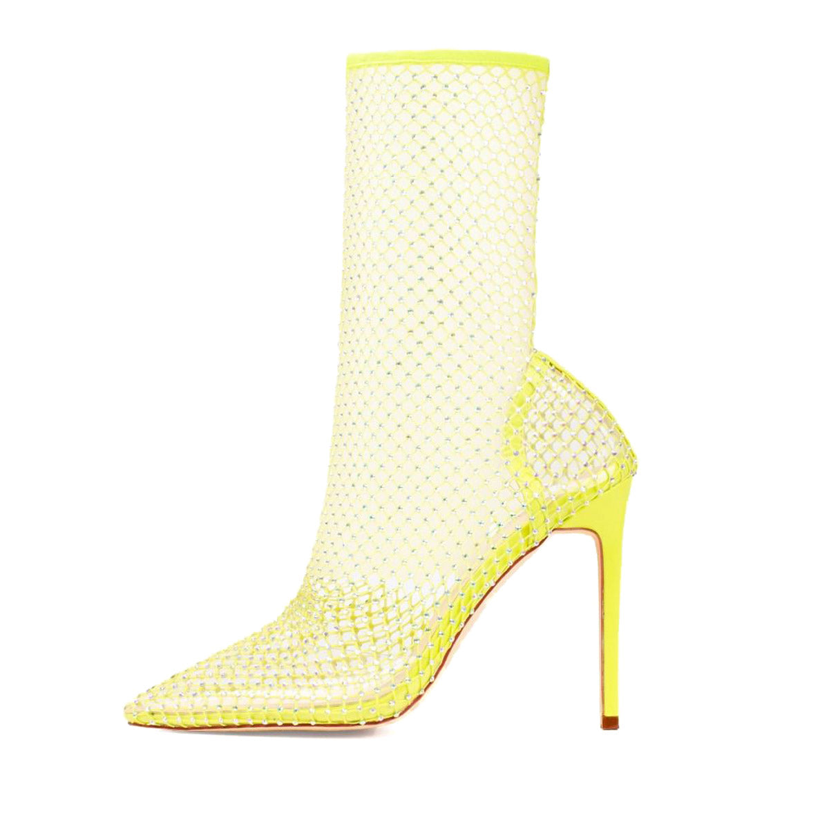 Yellow Rhinestone Mesh Pointed Toe Stiletto Heel Summer Boots