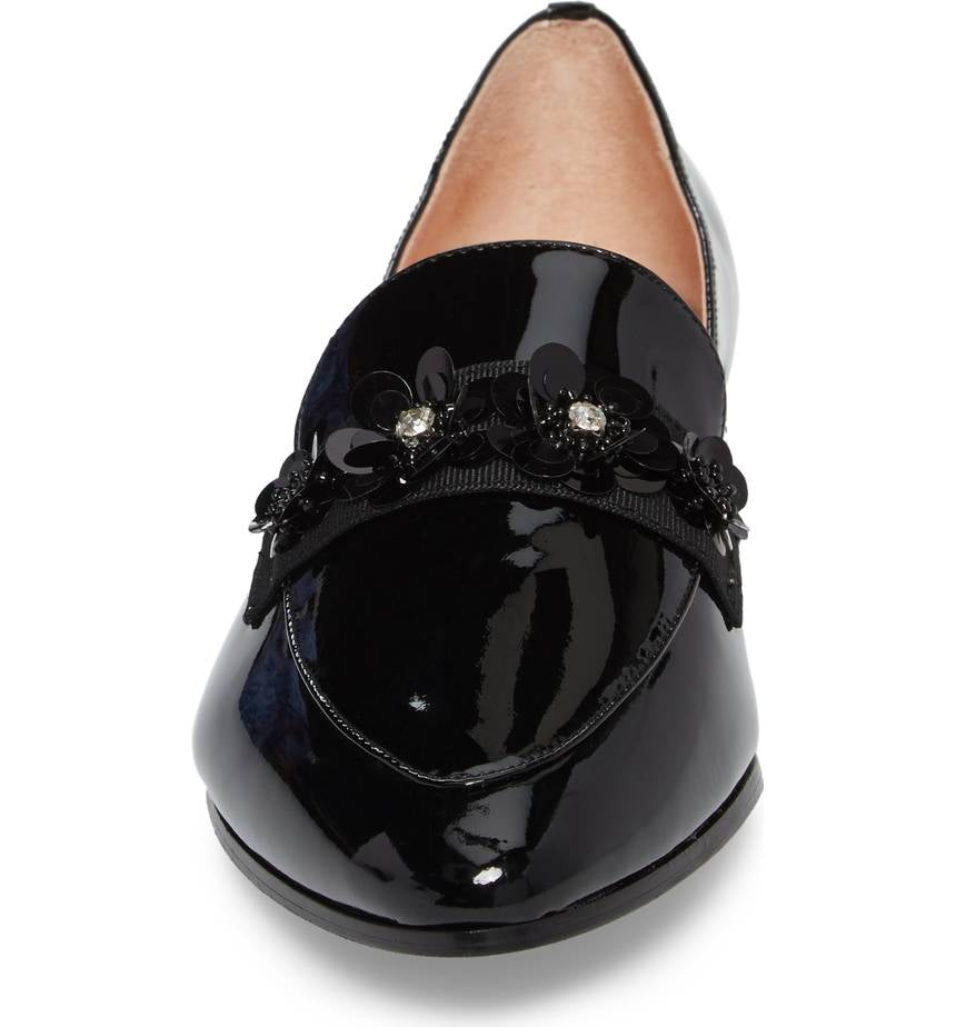 Black Patent Leather Vintage Beaded Flower Flats Women's Loafers