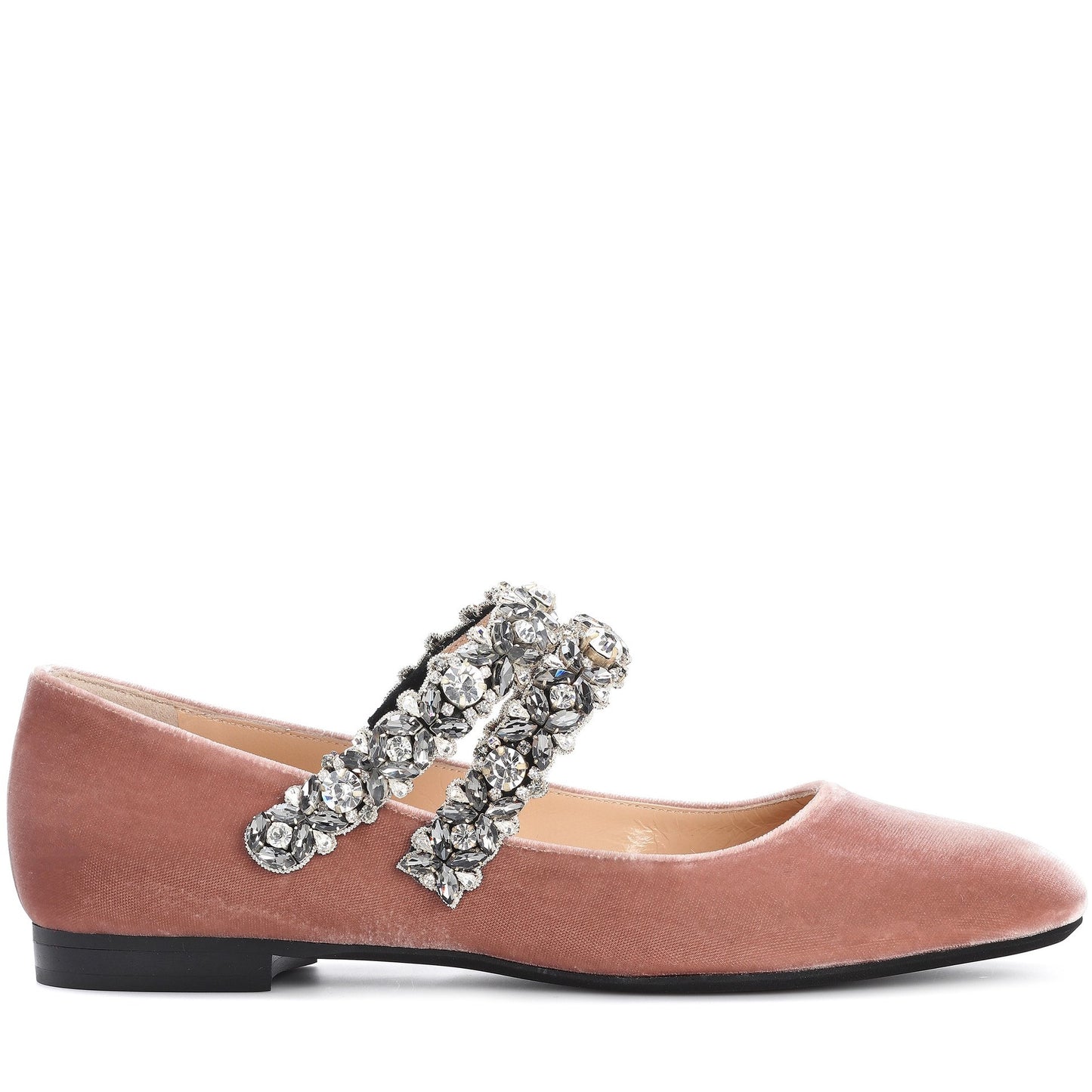 Blush Velvet Mary Jane Shoes Rhinestone Strap Square Toe Flats