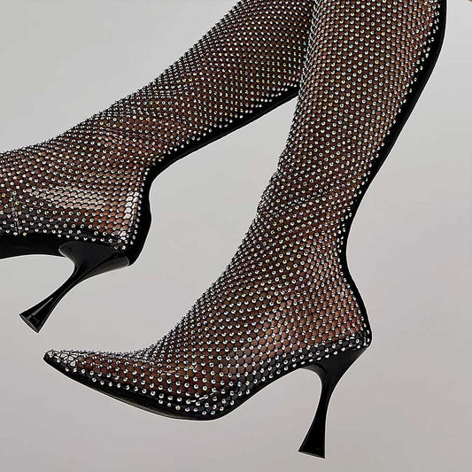 Black Fishnet Rhinestone Pointed Toe Spool Heel Zipper Knee High Boots