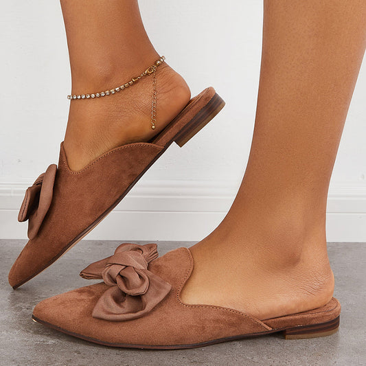Brown Vintage Vegan Suede Pointed Toe Mule Loafers Bow Flats