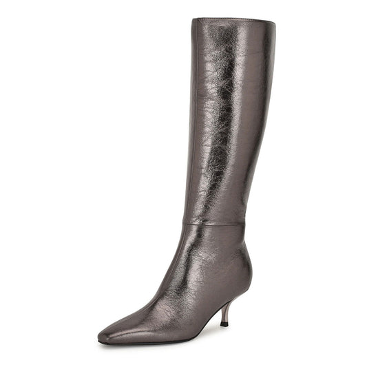 Gray Metallic Finish Square Toe Side Zipper Knee High Boots