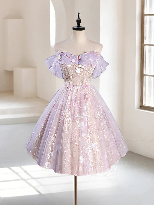 Vintage Light Purple Applique Floral Beaded Off-the-shoulder Design A-line Tulle Party Dress Homecoming Dress TP4059
