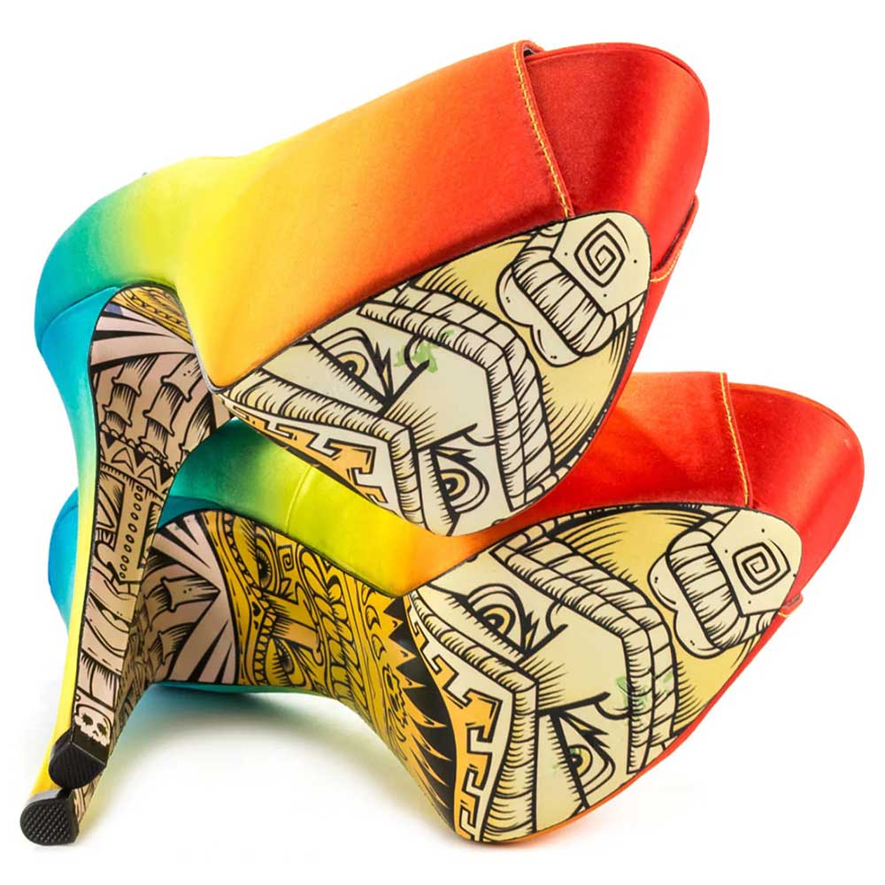 Women's Multicolor Satin Peep Toe Platform Pumps with Printed Outsole