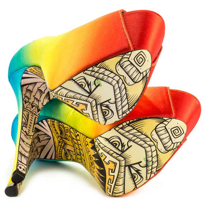 Women's Multicolor Satin Peep Toe Platform Pumps with Printed Outsole
