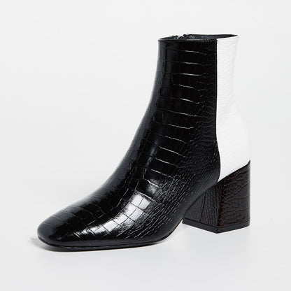 Black and White Crocodile Embossed Square Toe Block Heel Ankle Boots