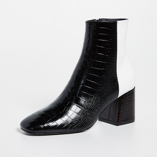 Black and White Crocodile Embossed Square Toe Block Heel Ankle Boots