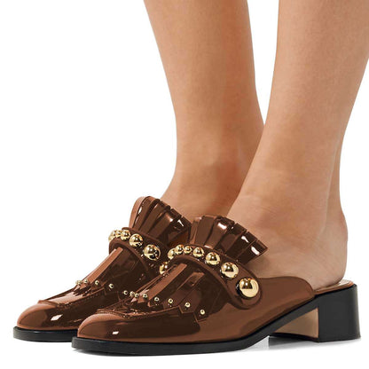 Brown Patent Leather Studded Fringe Chunky Heel Mule Loafers