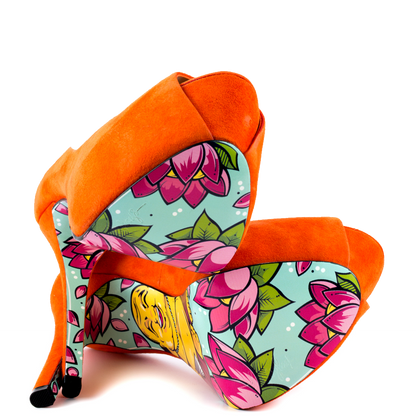 Women's Orange Stiletto Heels Peep Toe Print Outsole Platform Pumps