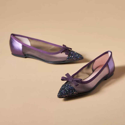 Purple Mesh Patchwork Glitter Toe Cap Slip-On Flats with Bows