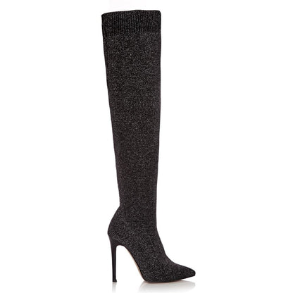 Black Fabric Stiletto Heels Long Boots Fashion Knee High Boots
