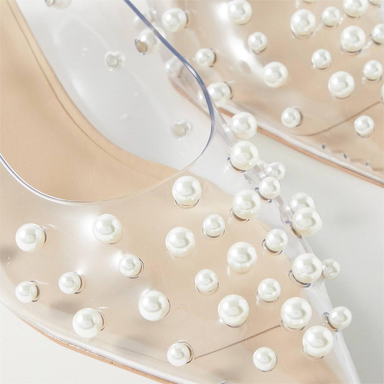 Women's Pearls Embellishment Clear Shoes Pointed Toe Kitten Heel Pumps