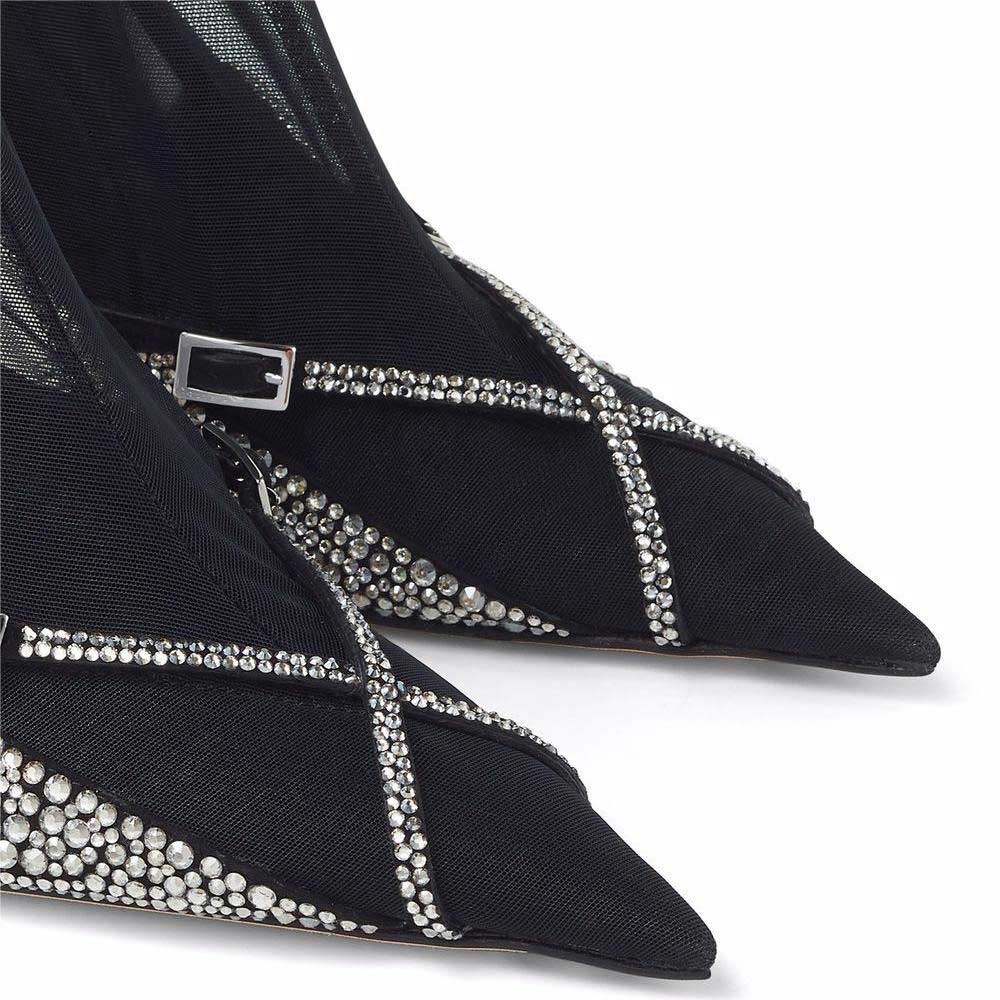 Black Mesh Rhinestone Crisscross Straps Flared Heel Knee High Boots