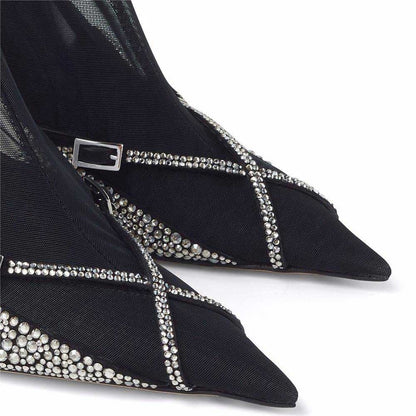 Black Mesh Rhinestone Crisscross Straps Flared Heel Knee High Boots