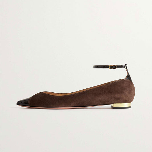 Black Patent Leather Toecap Brown Vegan Suede Ankle Strap Flats