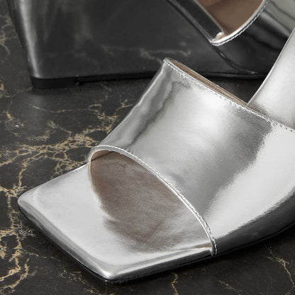 Silver Metallic Square Toe Wedge Heel Mules for Women