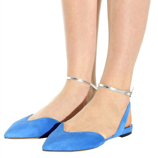 Blue Vegan Suede Silver Ankle Strap Slingback Comfortable Flats