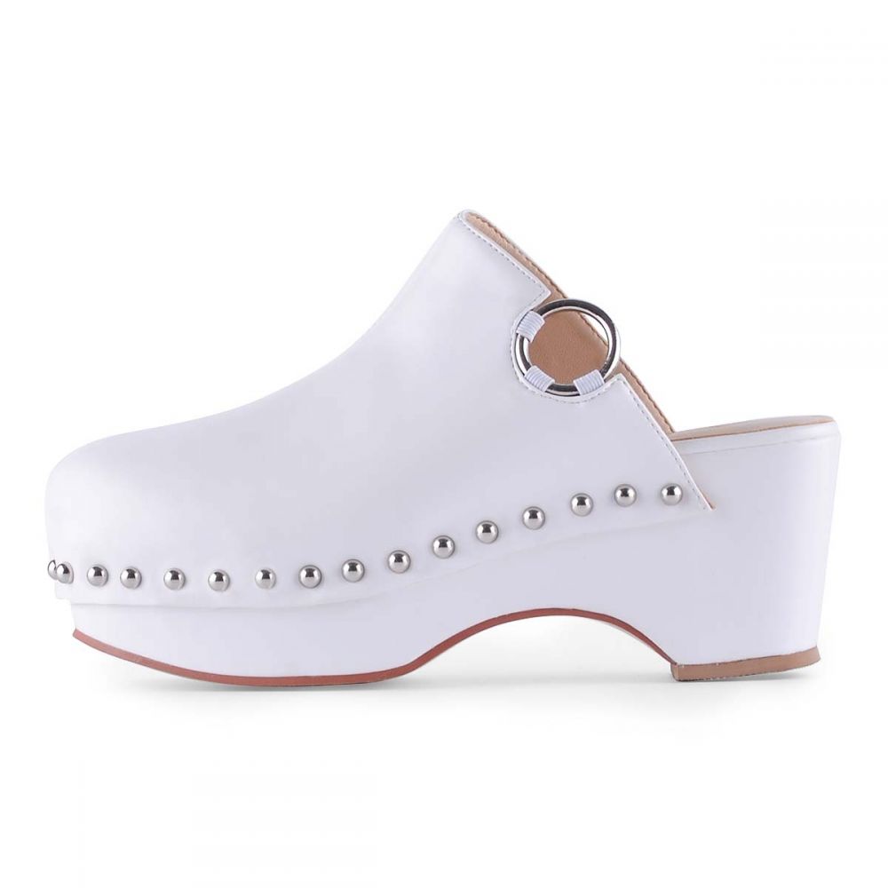 White Round Toe Clogs Chunky Heel Platform Mules with Studs