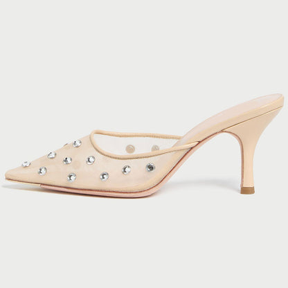 Beige Mesh Slip-On Pointed Toe Rhinestone Embellished Heeled Mules