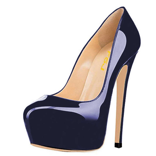 Women's Navy Patent Leather Office Heels Round Toe Platform Pumps