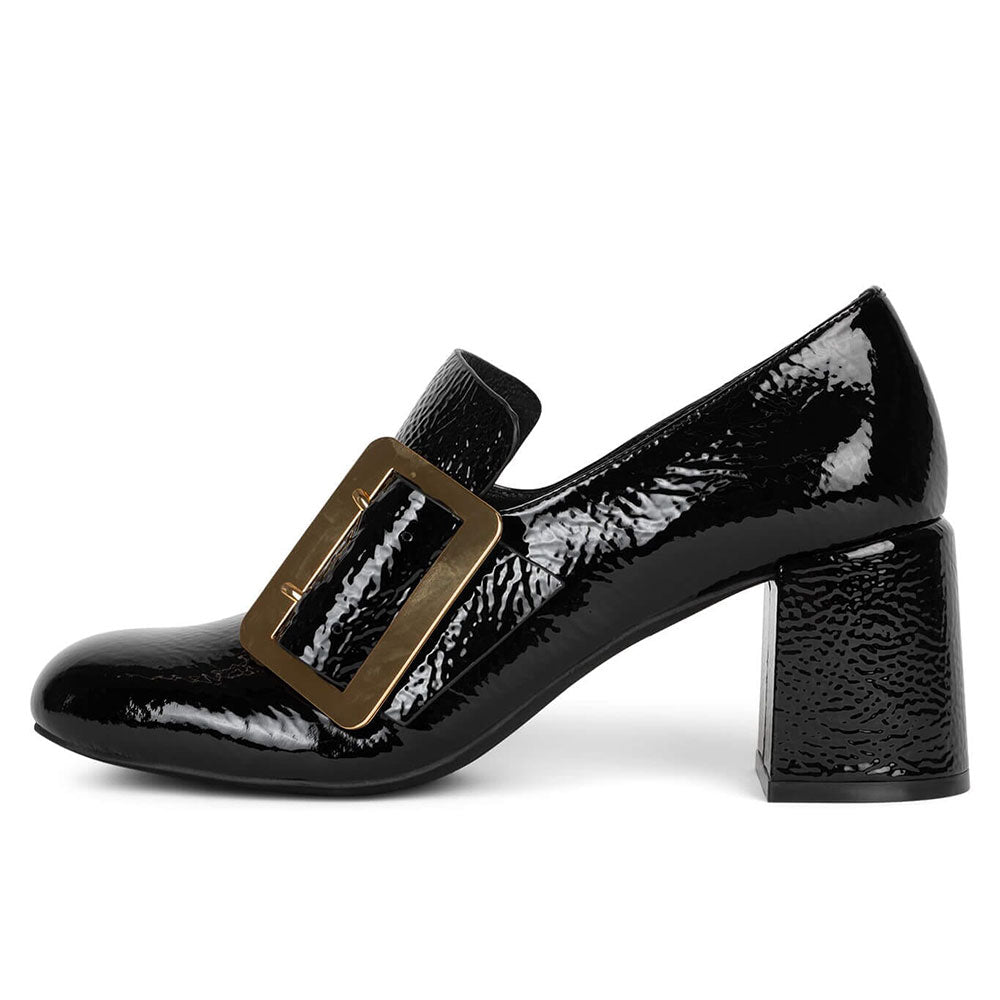 Black Square Toe Chunky Heel Women's Loafers with Oversize Buckle