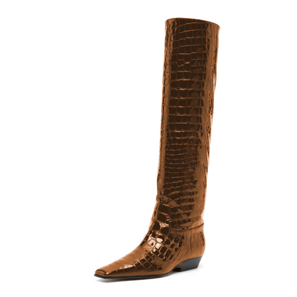 Brown Crocodile Embossed Square Toe Chunky Heel Knee High Boots