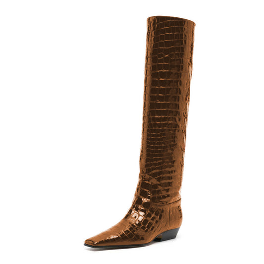 Brown Crocodile Embossed Square Toe Chunky Heel Knee High Boots