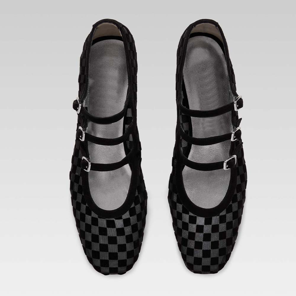 Black and Gray Plaid Square Toe Triple Buckle Strap Mary Jane Flats