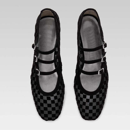 Black and Gray Plaid Square Toe Triple Buckle Strap Mary Jane Flats